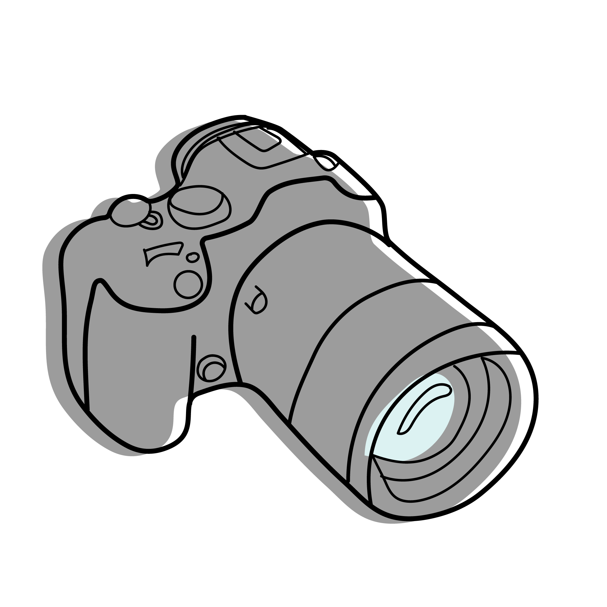 Black and white line drawing of a DSLR camera with a large zoom lens attached.