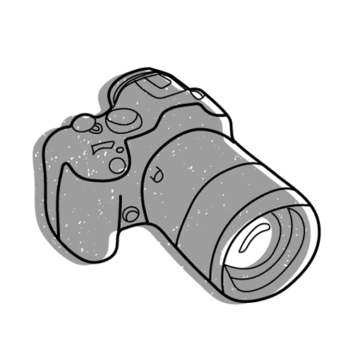 Black and white line drawing of a DSLR camera with a large zoom lens attached.