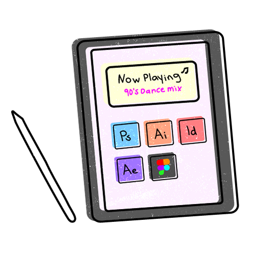Illustration of a tablet showing Now Playing 90's Dance mix with design app icons Ps, Ai, Id, Ae, and Figma.