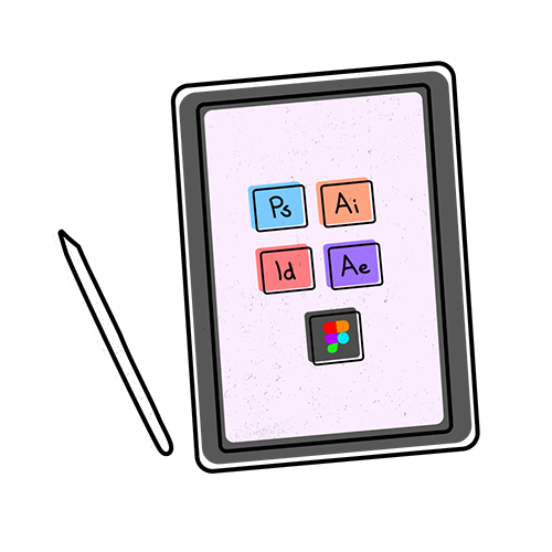 Illustration of a tablet showing Now Playing 90's Dance mix with design app icons Ps, Ai, Id, Ae, and Figma.