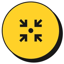 Black inward arrows pointing toward a central dot on a yellow circular background.