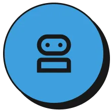 Icon of a simplified robot head with two eyes inside a blue circular background.