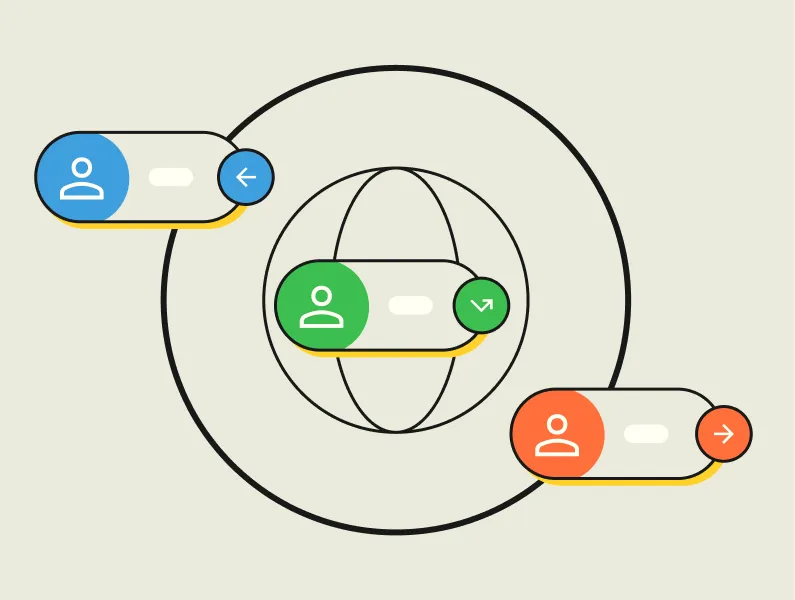 Three user icons in blue, green, and orange, each inside rounded rectangular speech bubbles with directional arrows, arranged around two concentric circles with a globe outline inside the inner circle.