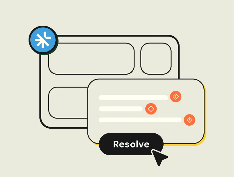 Abstract interface illustration with a pop-up window showing error icons and a black button labeled 'Resolve' with a cursor clicking it.
