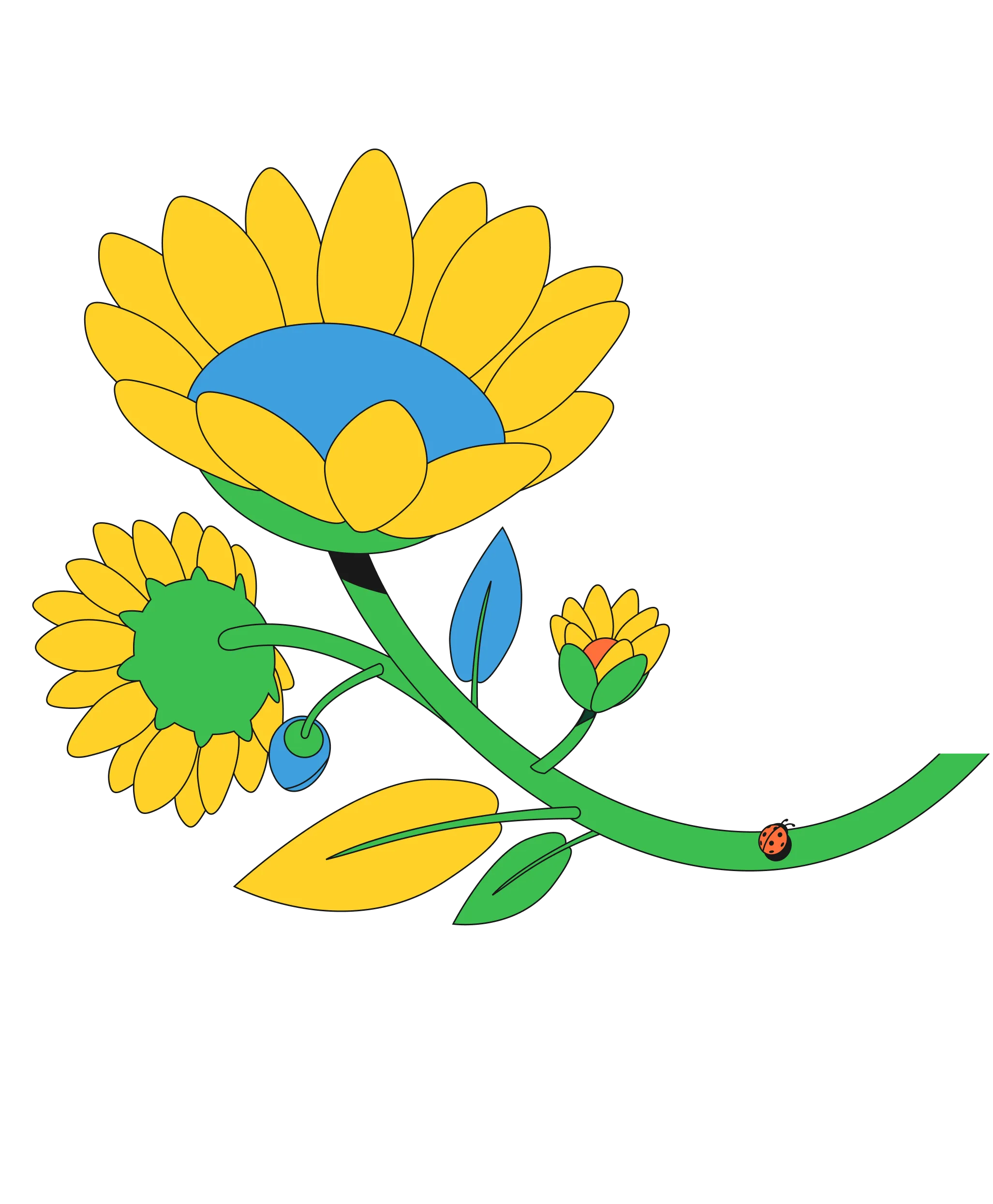 Illustration of a green stem with yellow flowers and blue central disks, featuring a small red ladybug on the stem.