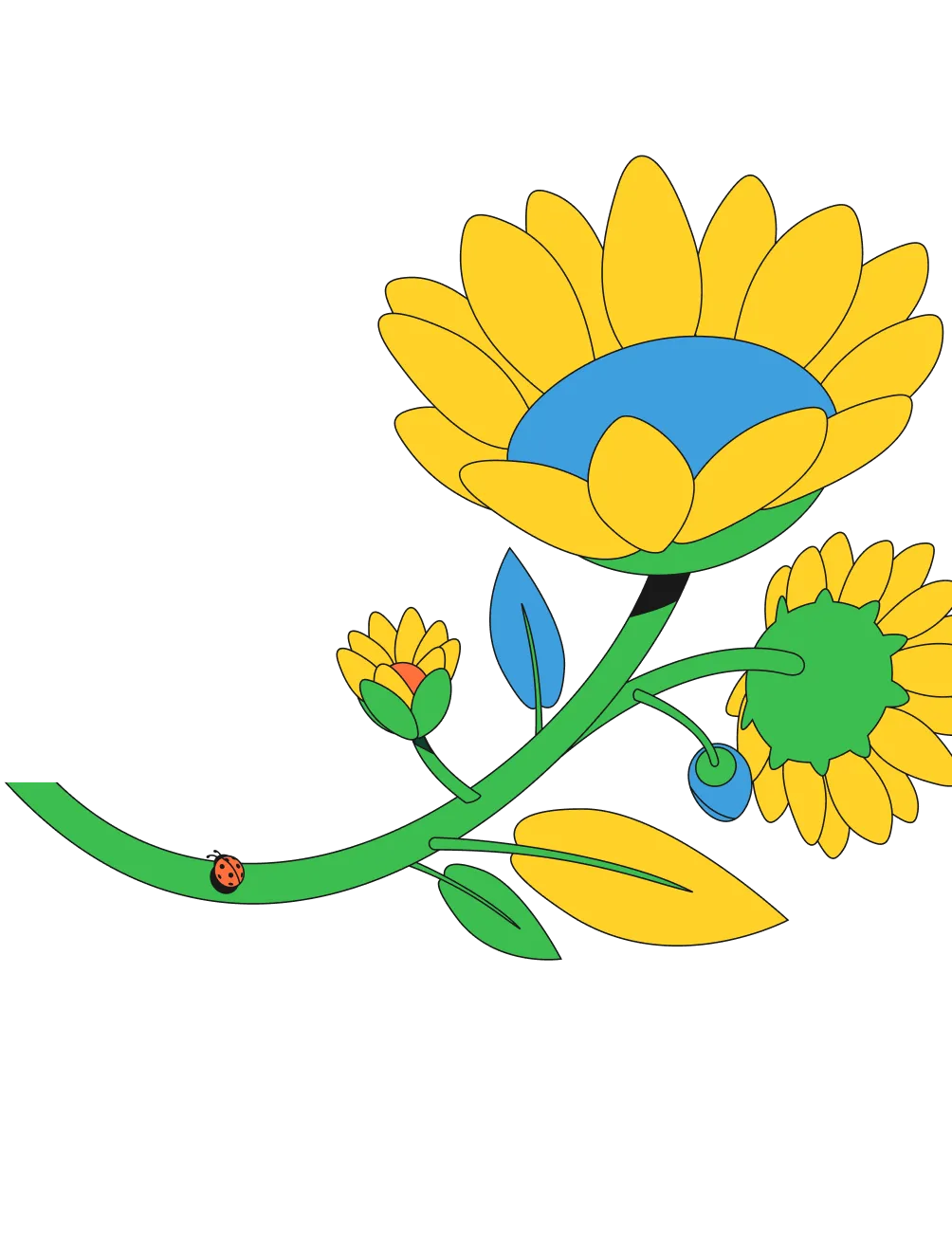 Illustration of a green stem with yellow flowers and blue central disks, featuring a small red ladybug on the stem.