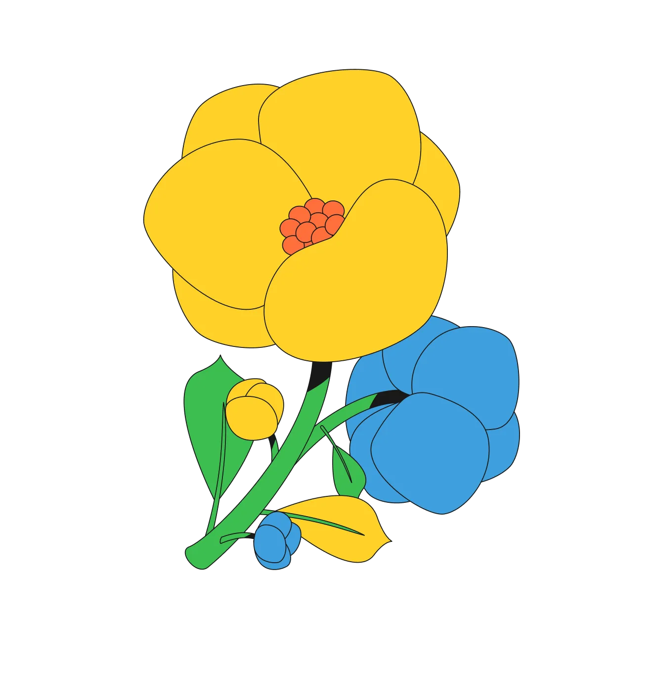 Illustration of a flower bouquet with large yellow and blue flowers, green stems, and leaves.