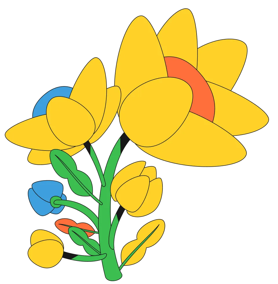 Illustration of a colorful flower bouquet with yellow, blue, and orange petals and green stems and leaves.