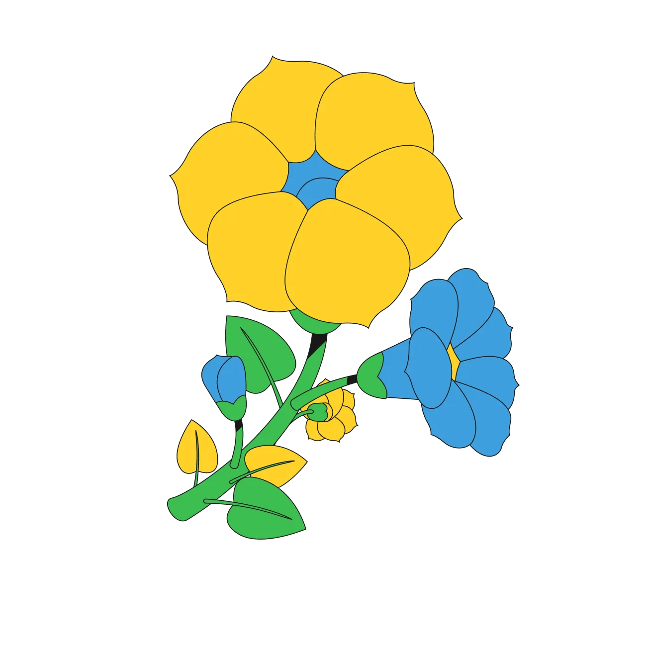 Illustration of a colorful flower bouquet with yellow, blue, and orange petals and green stems and leaves.