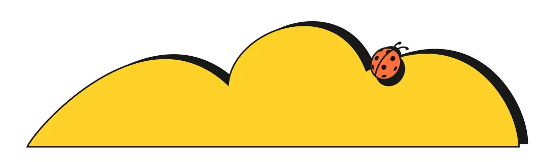 Orange ladybug with black spots sitting on a yellow cloud shape with a black outline.