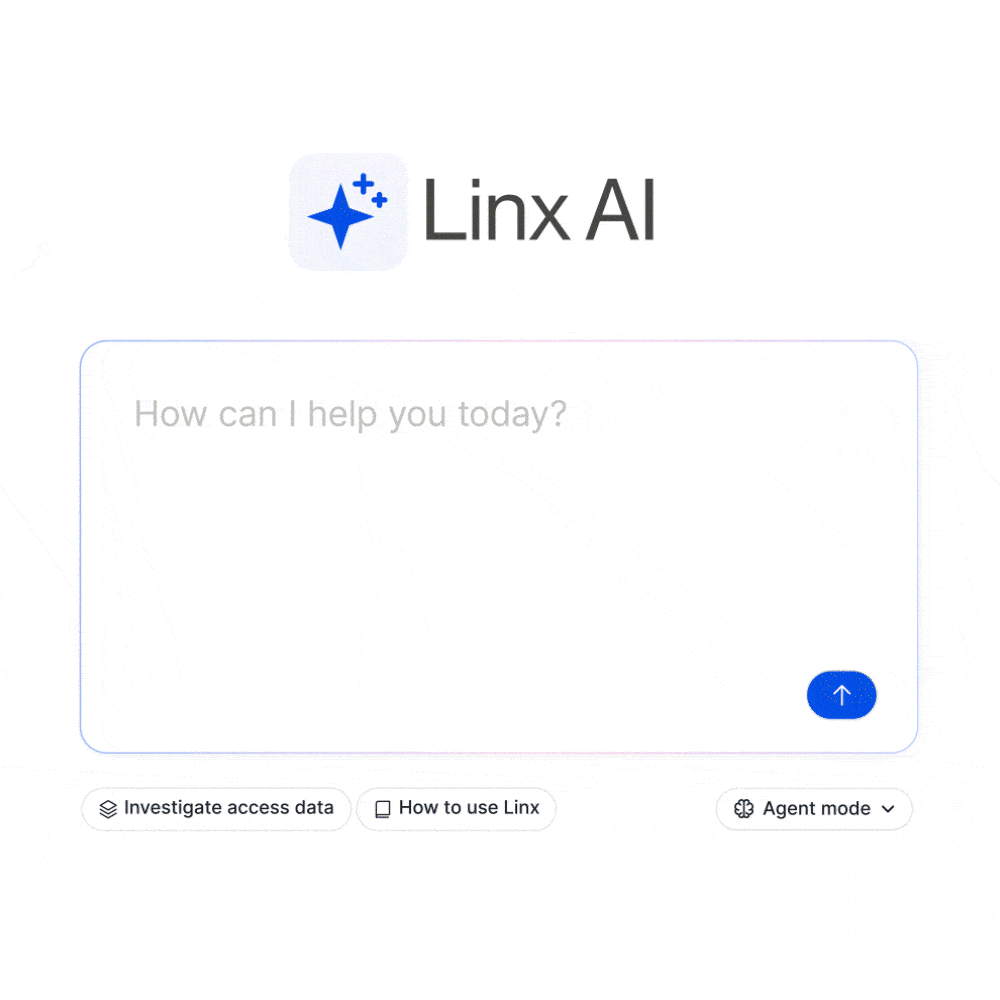 Linx AI interface with text input 'Create an Access profile for Engineering' and buttons labeled Investigate access data, How to use Linx, and AI assistant 1.0.