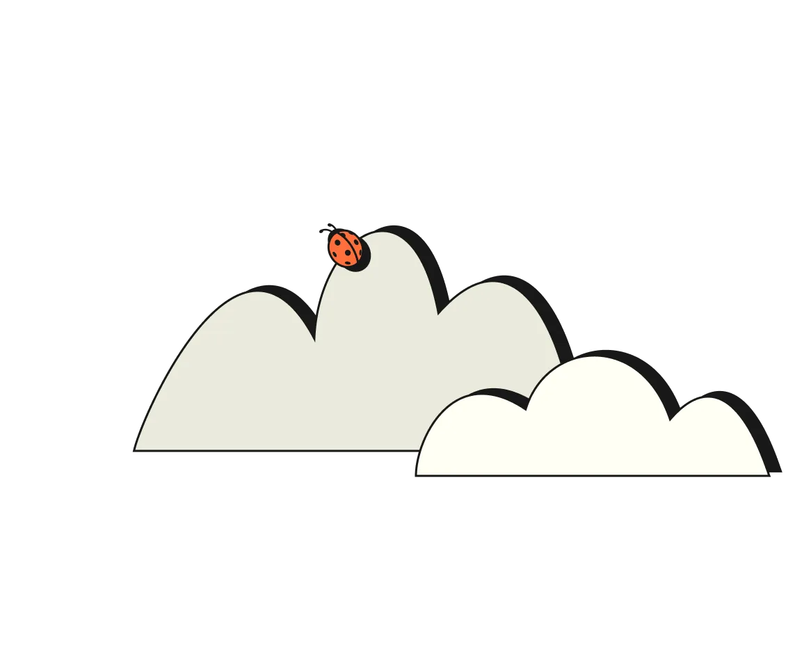 Illustration of two stylized clouds with a red ladybug on the larger cloud.