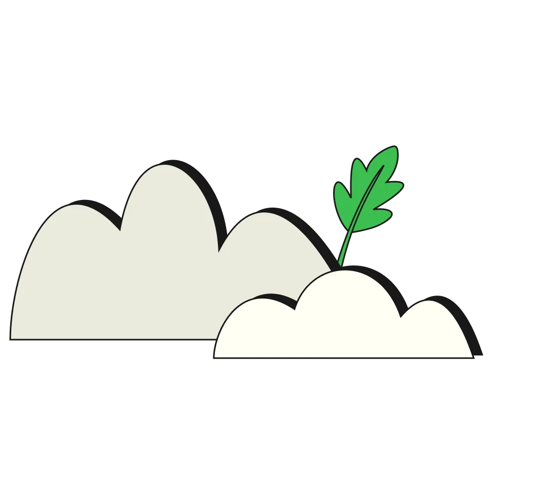 Two stylized clouds side by side with a green leaf sticking out from behind the smaller cloud.