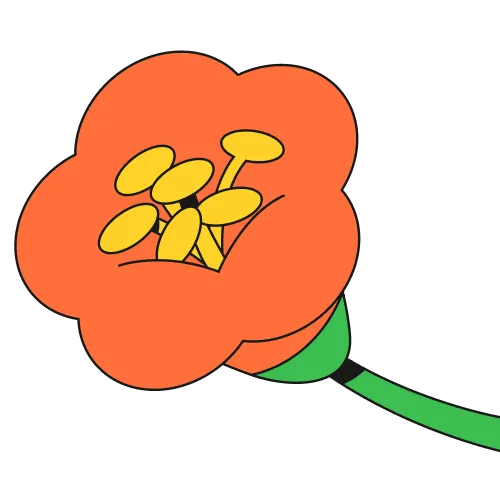 Simple illustration of an orange flower with yellow stamens and a green stem.