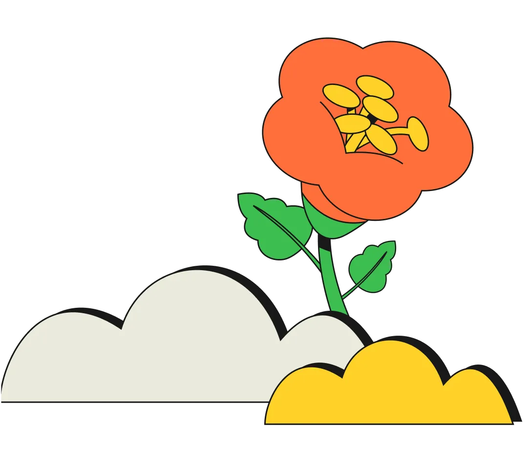Illustration of an orange flower with green leaves growing between a white and a yellow cloud.