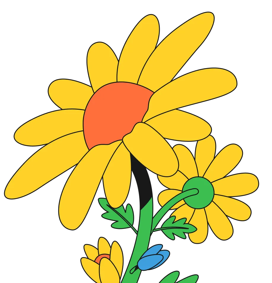 Illustration of a yellow flower with a large orange center, accompanied by smaller yellow flowers and green leaves.
