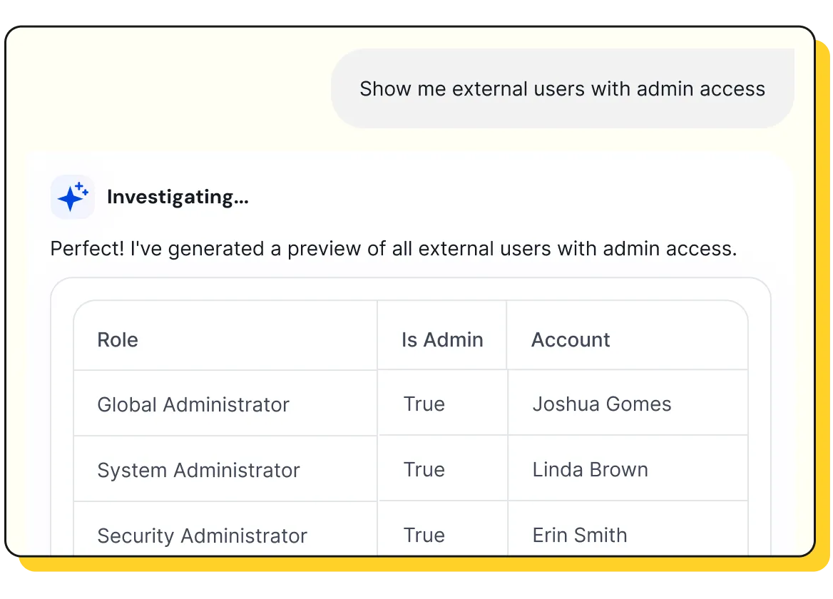 Chat interface showing a request for external users with admin access and a table preview listing roles, admin status as true, and accounts: Global Administrator Joshua Gomes, System Administrator Linda Brown, Security Administrator Erin Smith.