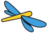 Illustration of a dragonfly with blue wings and a yellow body.