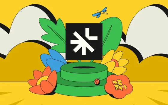 Illustration of green circular platform with colorful flowers, a ladybug, and a blue dragonfly against a bright yellow background with stylized clouds.