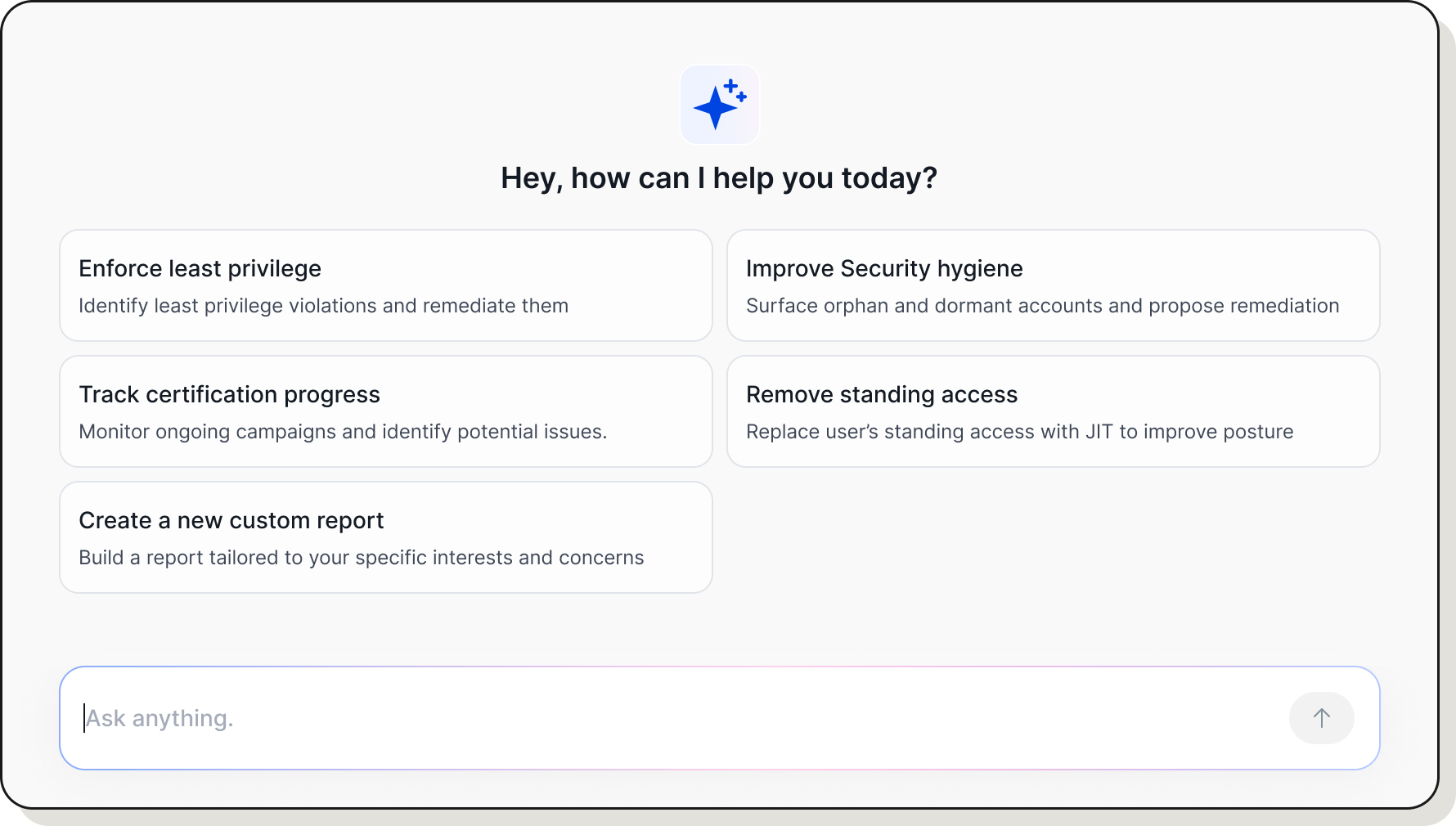Dashboard showing identity and assets inventory with charts on open issues trends, open issues by type, human and non-human identity risks, and identity breakdown by resource.