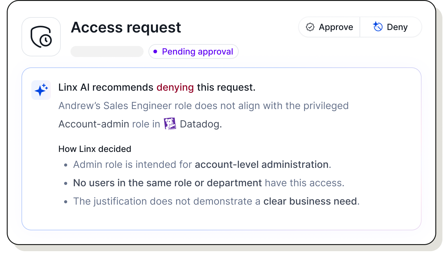 Access graph showing Skipper Johnson's email linked to Okta with Admin role, Entra, Active Directory, and Github with Local tag; Okta connects to 4 groups and Superadmin role, Snowflake assigned to skipper johnson, and Backend team in Github.