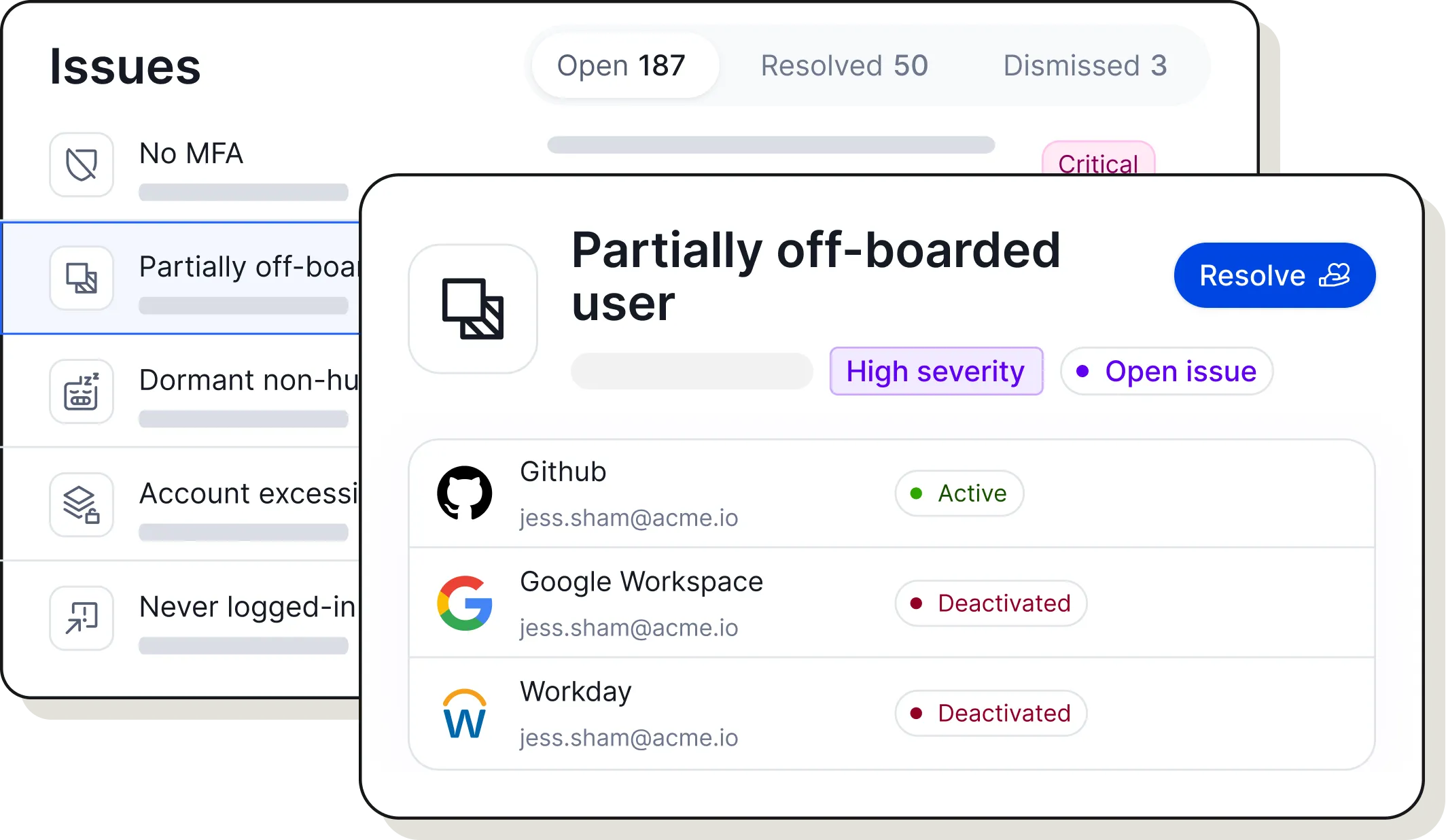 Access graph showing Skipper Johnson's email linked to Okta with Admin role, Entra, Active Directory, and Github with Local tag; Okta connects to 4 groups and Superadmin role, Snowflake assigned to skipper johnson, and Backend team in Github.