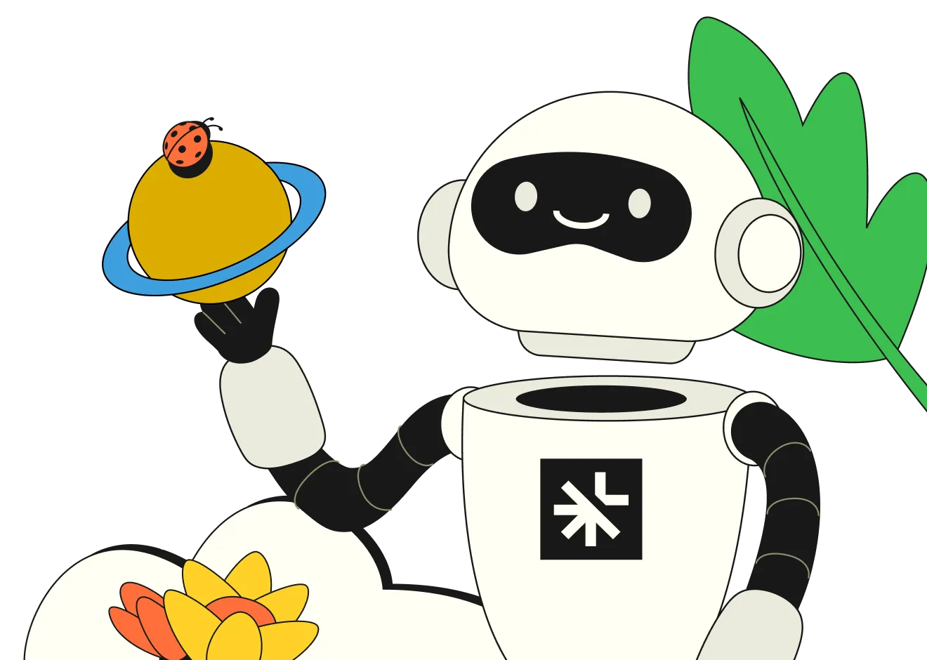 Smiling robot with a round head and black screen face holding a blue planet with an orange ring and a ladybug, and a large green leaf behind.