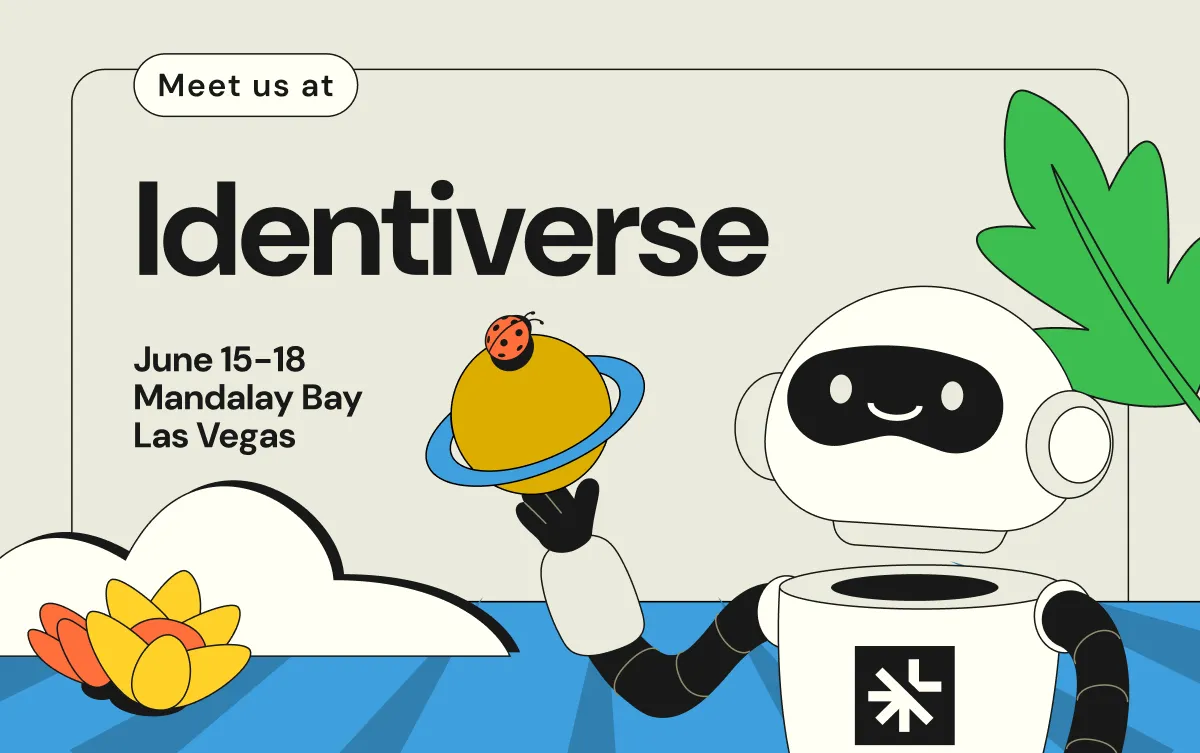 Robot holding a planet with a ladybug, text invites to Identiverse June 15-18 Mandalay Bay Las Vegas.