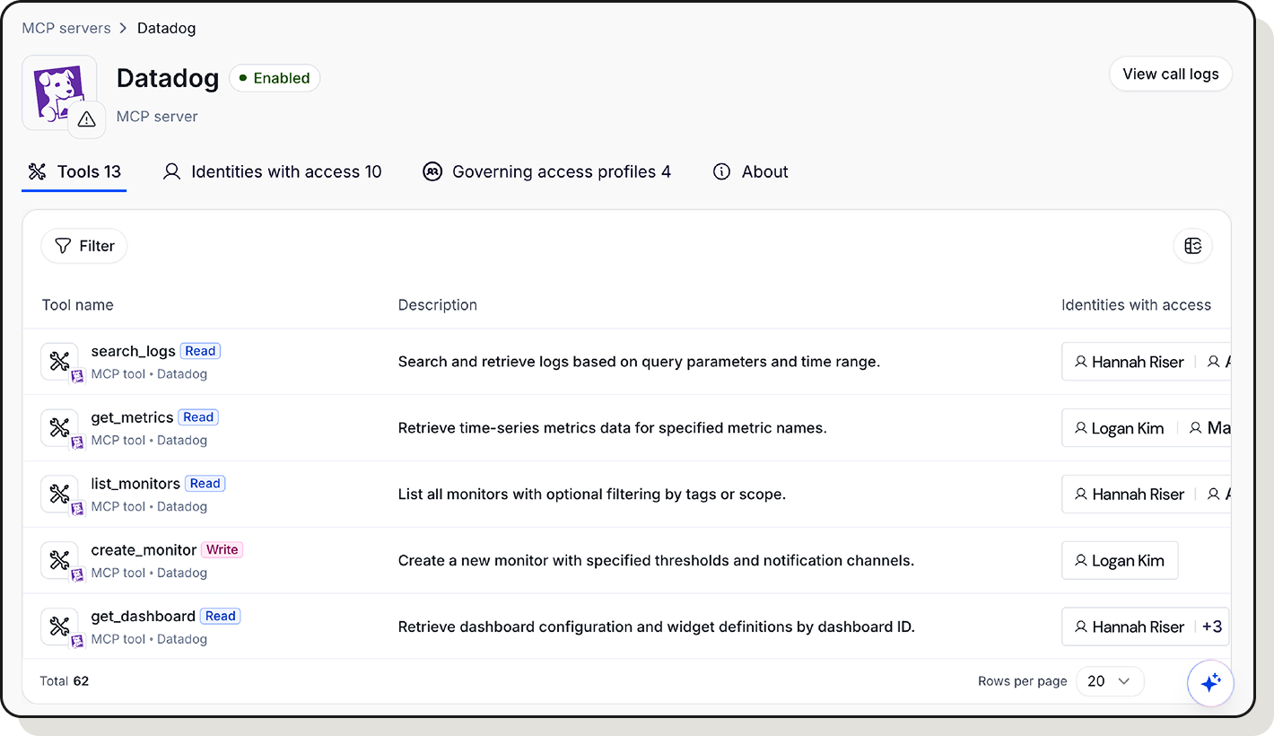 Screenshot of Linx console showing the tools associated with a specific MCP server
