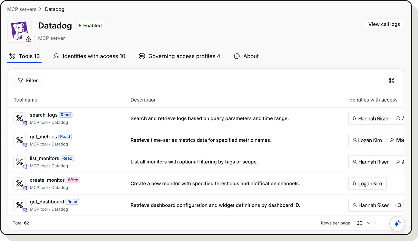 Screenshot of Linx console showing the tools associated with a specific MCP server
