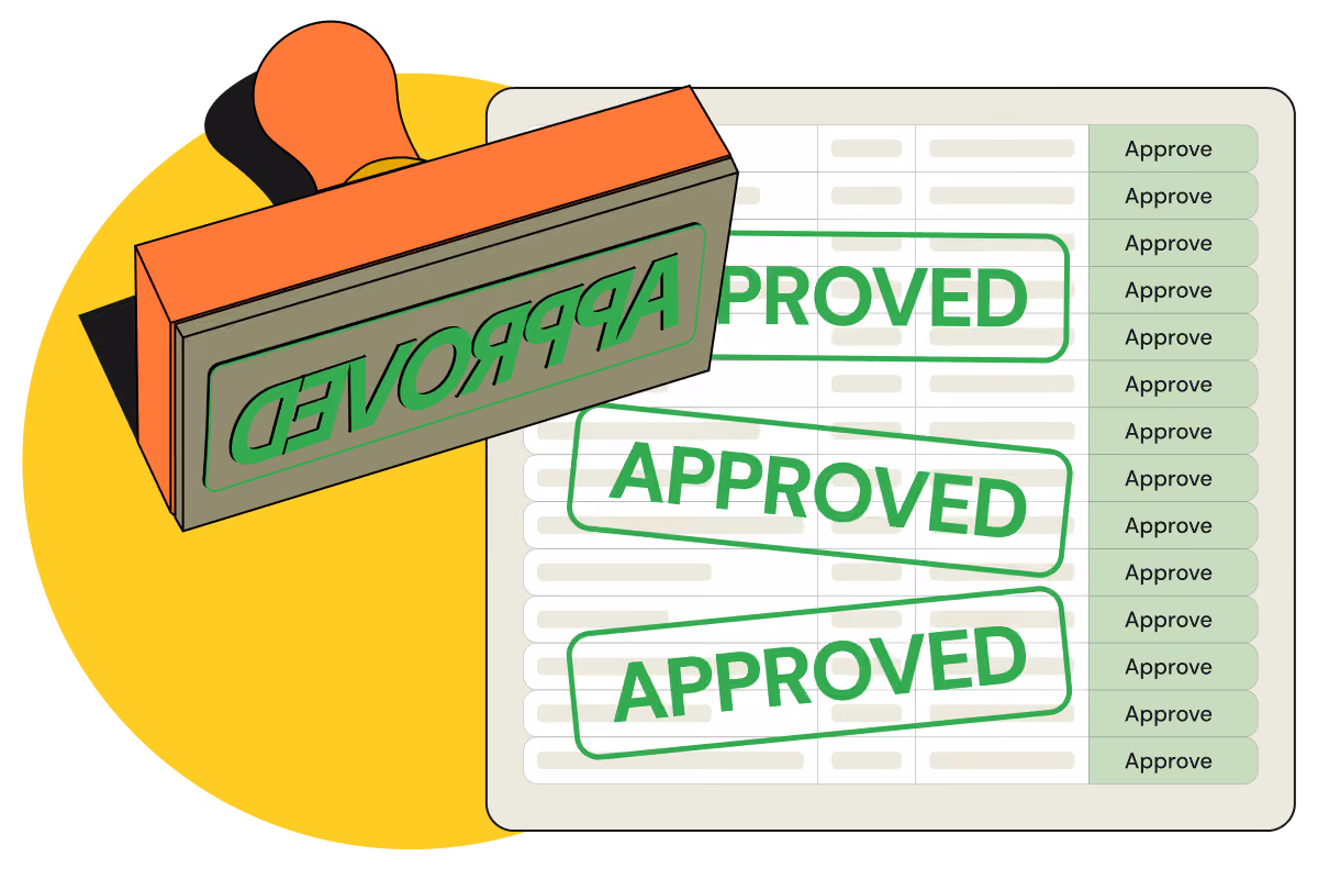 Rubber stamp marking row after row of an access review list as approved, illustrating rubber-stamped manual certifications.