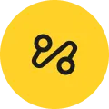Black broken chain-link icon with two curved connected loops centered on a bright yellow circle, conveying disruption or a severed connection.