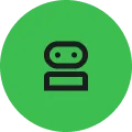 Green circular icon on a black background, showing a simple black-outlined robot with two eye dots and a rectangular body; clean, friendly design.