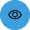 Blue circular icon featuring a bold black eye symbol with an outlined iris and pupil, conveying visibility, viewing, or privacy settings.