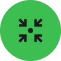 Bright green circle on a black background with four black arrows pointing inward from the corners, conveying focus, compression, or a minimize gesture.