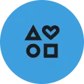 Blue circular icon featuring four black geometric symbols: an outlined triangle, heart, circle, and square, arranged in a playful grid.
