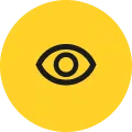 Yellow circular icon featuring a bold black eye symbol with an outlined iris and pupil, conveying visibility, viewing, or privacy settings.