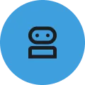 Blue circular icon on a black background, showing a simple black-outlined robot with two eye dots and a rectangular body; clean, friendly design.
