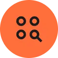 Orange circular icon with three black outlined dots and a magnifying glass, suggesting search, discovery, or examining information; simple, bold design.