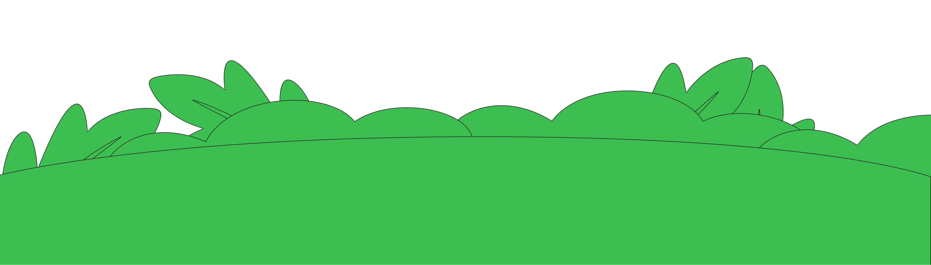 Illustration of leaves with an orange flower and a blue flower growing along a hillside.