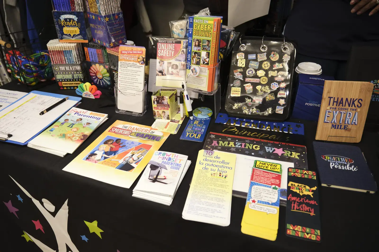Display table with parenting resources brochures and educational materials