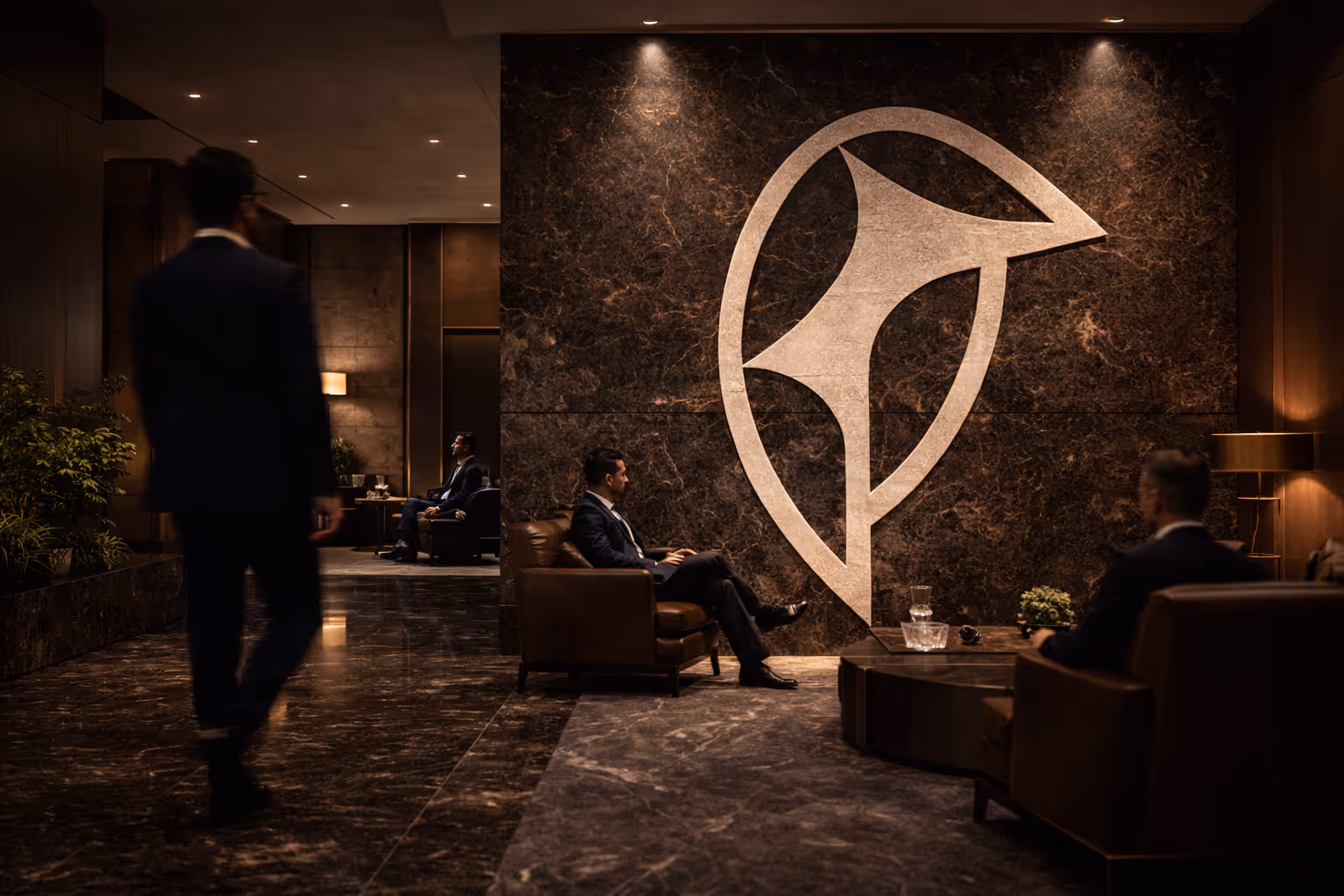 Corporate Lounge with mable Walls and OscarFaye's brandmark on the wall