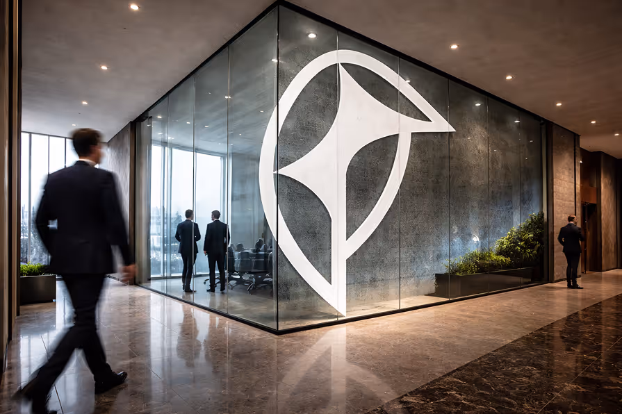 Oscar Faye Office interior with business person walking past a glass meeting room