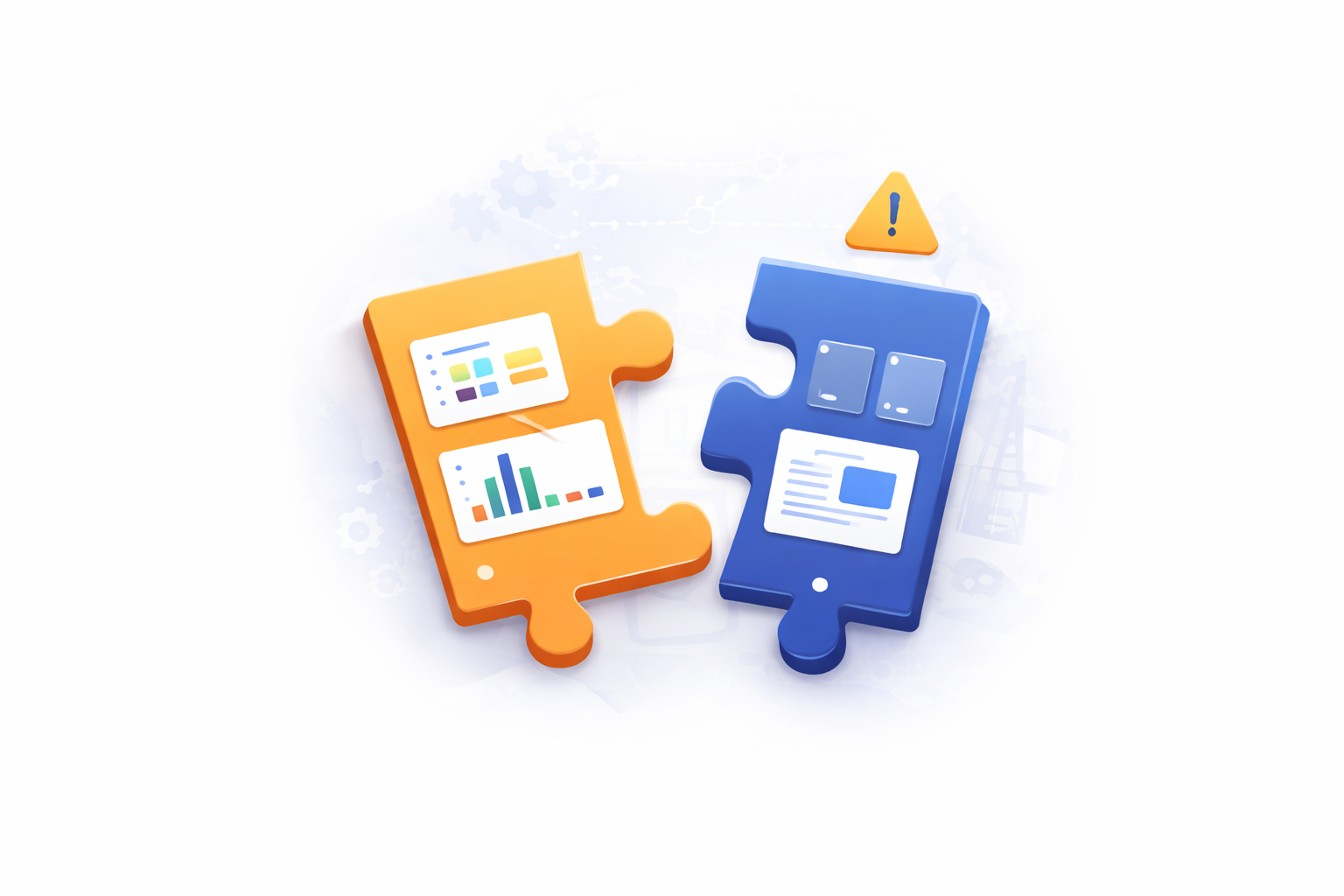 3D illustration of two puzzle pieces shaped like smartphones, one orange with charts and one blue with app icons and text, with a warning triangle above.