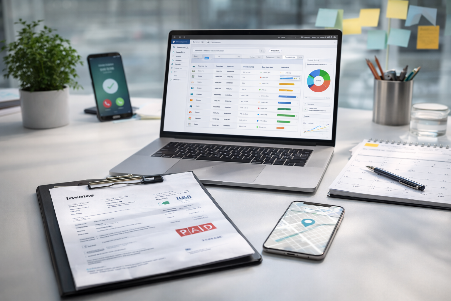Office desk with a laptop displaying data charts, a clipboard with a paid invoice, a smartphone showing a map with a location pin, a calendar with a pen, and a container holding pens and pencils.