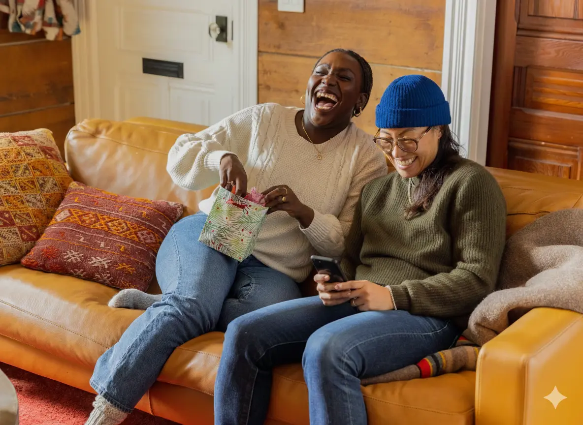 Amigos felices riendo en un sofá mientras uno revisa su móvil y recibe un mensaje personalizado de WhatsApp con una bolsa de regalo, ilustrando cómo Returno recupera clientes con marketing automatizado por IA en WhatsApp