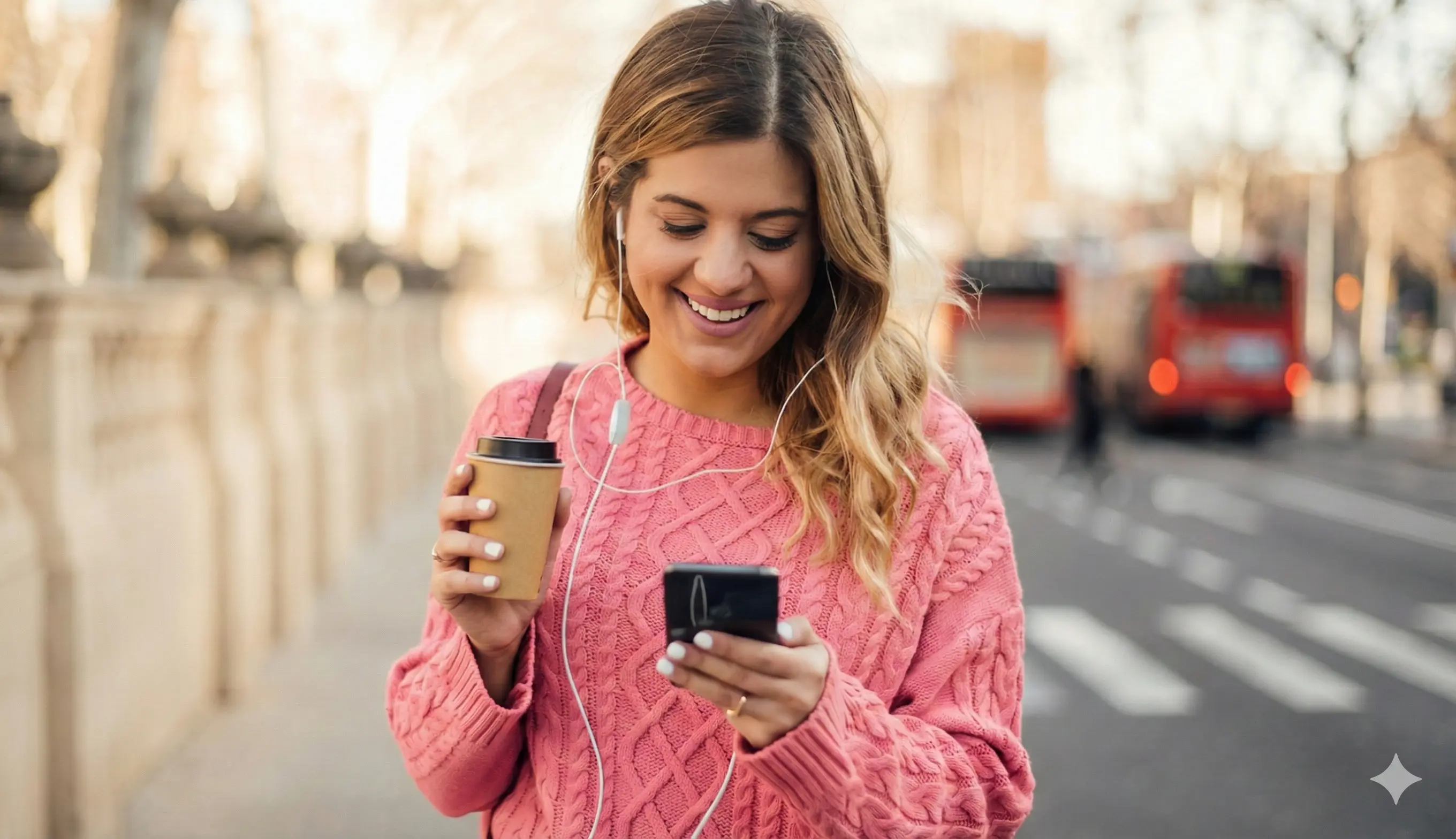 Joven sonriente con jersey rosa caminando al aire libre con café en mano, revisando feliz su móvil con auriculares, recibiendo un mensaje WhatsApp personalizado creado por la IA de Returno que aprende qué funciona mejor para cada cliente