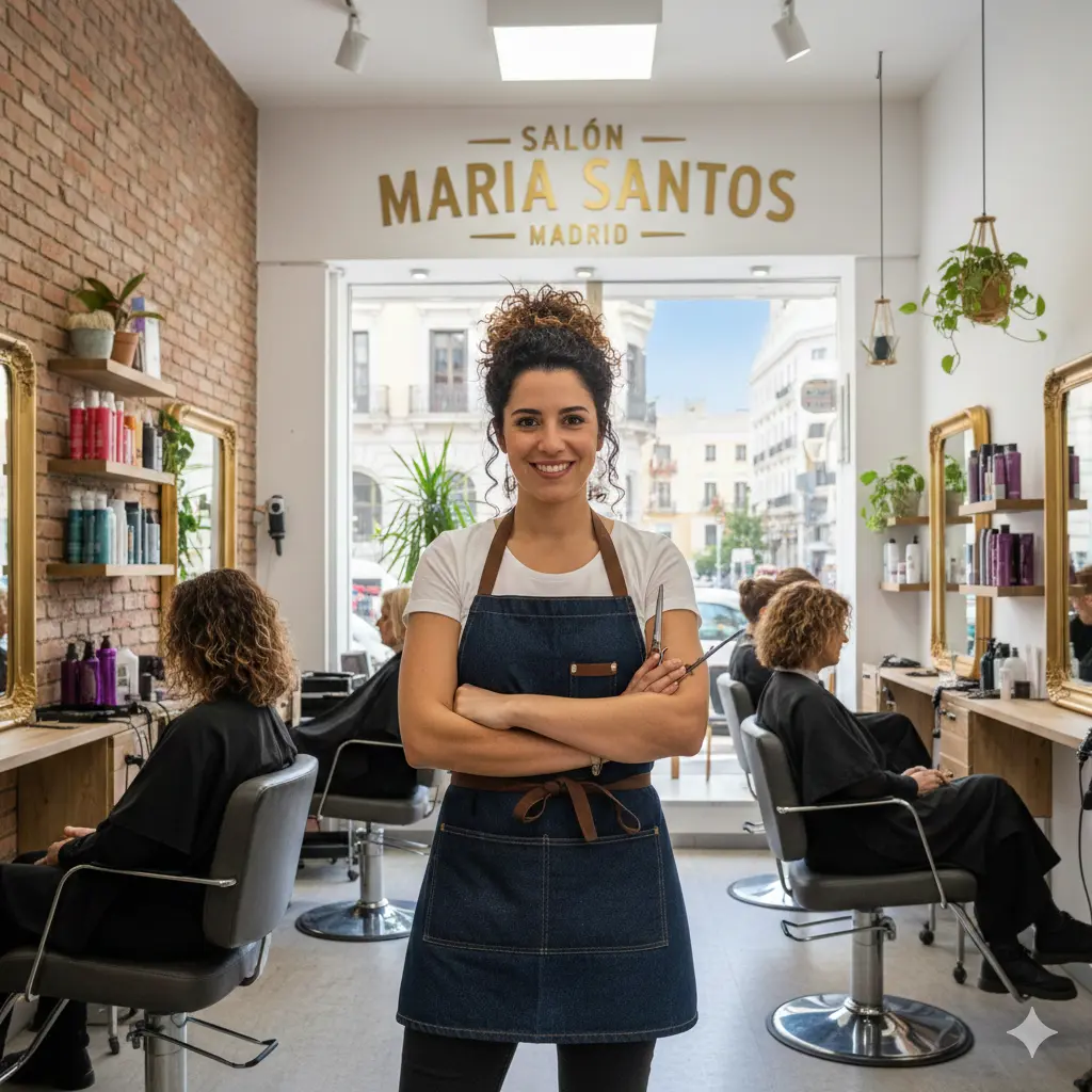 Peluquera sonriente y confiada sosteniendo tijeras con brazos cruzados en un salón moderno lleno de clientes recibiendo cortes y productos en estanterías, representando negocios locales que llenan su agenda con clientes recurrentes gracias a Returno.es