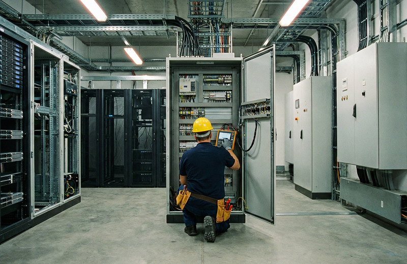 Elektromonteur die bezig is met een schakelkast