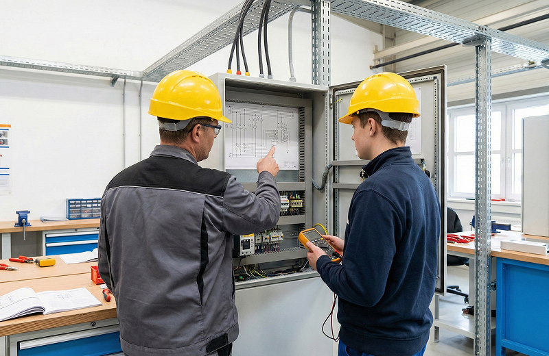 Een leerling elektromonteur en leraar die uitlegt